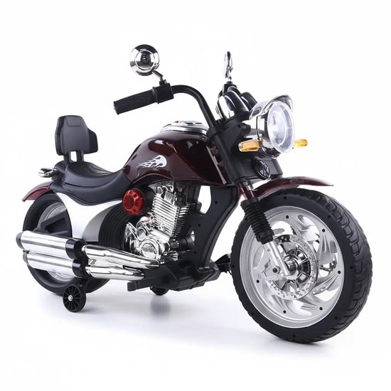 Maroon 12V Electric Ride-On Motorcycle (Y-MB121) with a comfortable eco-leather seat and chrome accents.