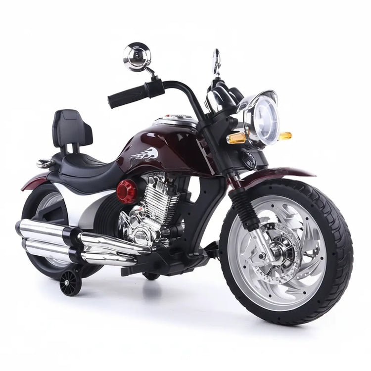 Maroon 12V Electric Ride-On Motorcycle (Y-MB121) with a comfortable eco-leather seat and chrome accents.