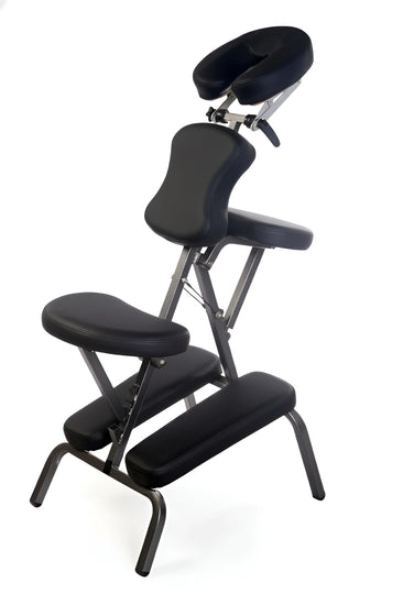 Black Foldable Portable Massage Chair MC006 with adjustable face cradle and armrests in side profile view.