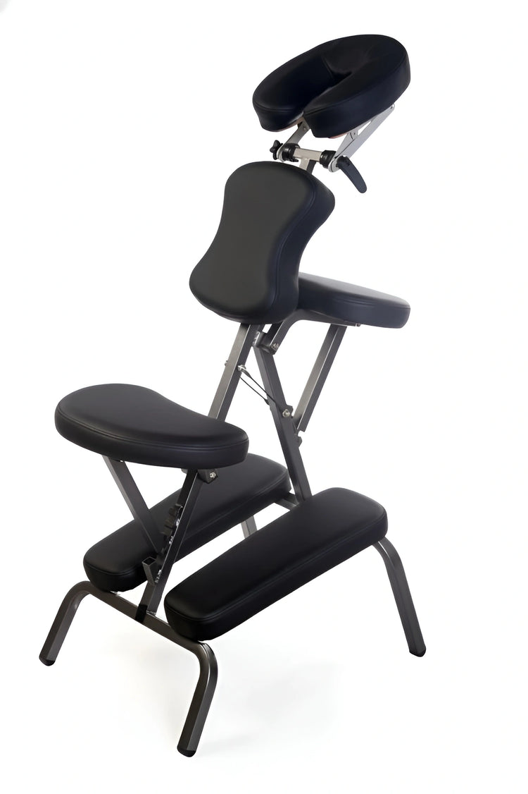 Black Foldable Portable Massage Chair MC006 with adjustable face cradle and armrests in side profile view.