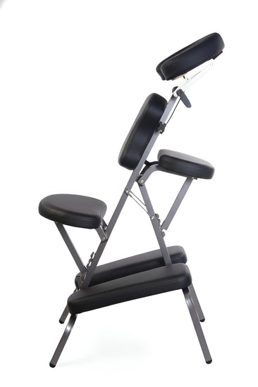 Black Foldable Portable Massage Chair MC006 with adjustable face cradle and armrests in side profile view.