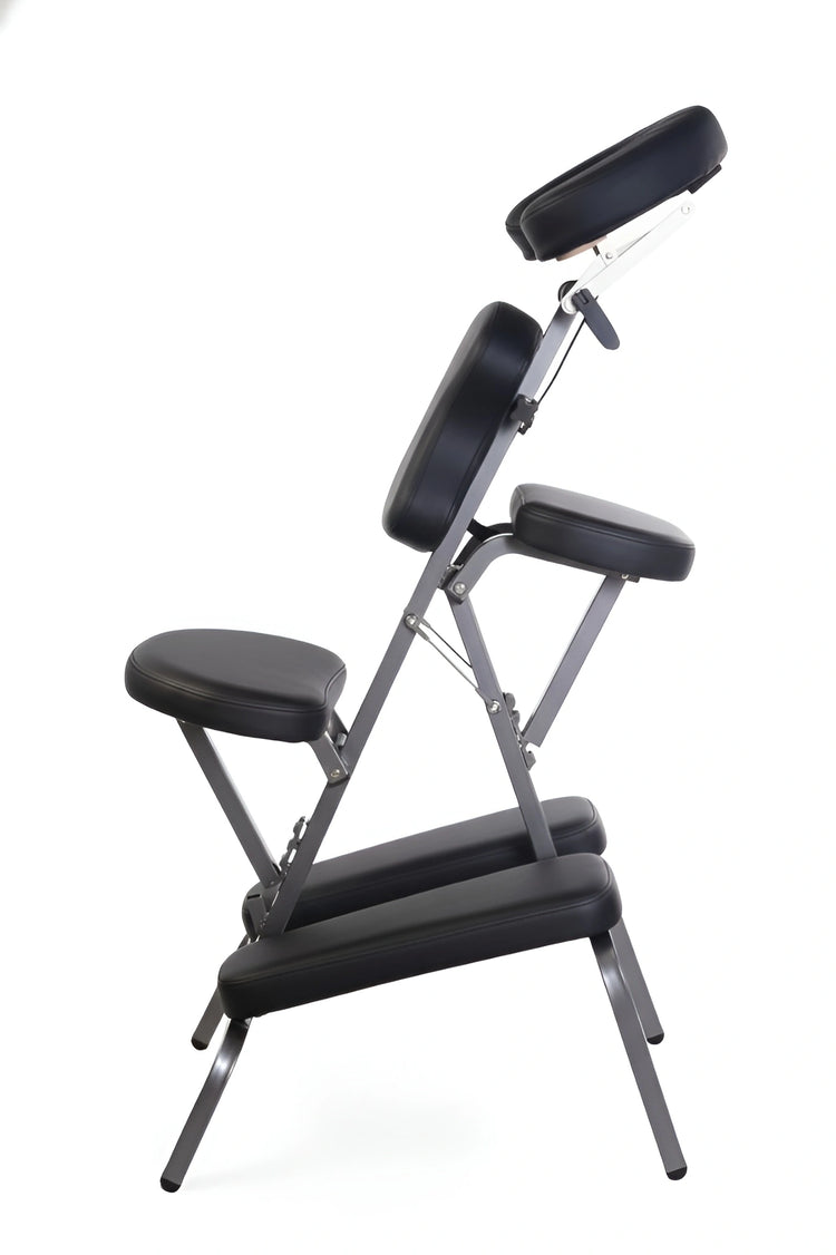 Black Foldable Portable Massage Chair MC006 with adjustable face cradle and armrests in side profile view.