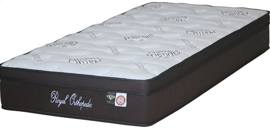 A Royal Orthopedic pocket spring mattress in a dark gray and white design, showing the quilting and label MP2313-1. All mattress sizes.