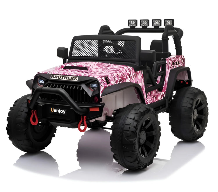 Pink jeep toy truck with black details on a white background