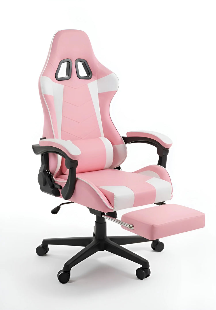 Pink and white ergonomic gaming chair with a footrest and support pillows UT-B199