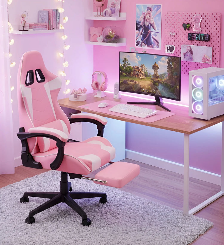Pink gaming chair in a room with a desk, computer setup, and decorative elements.