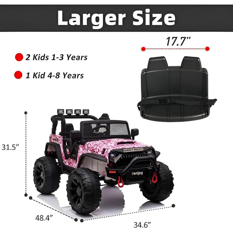 Pink toy jeep truck with dimensions and seating capacity information on a white background