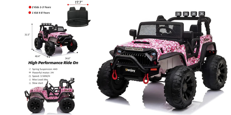 Pink and black toy jeep truck with specifications on a white background