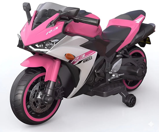 Pink and black toy motorcycle on a white background