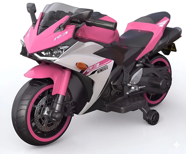 Pink and black toy motorcycle on a white background