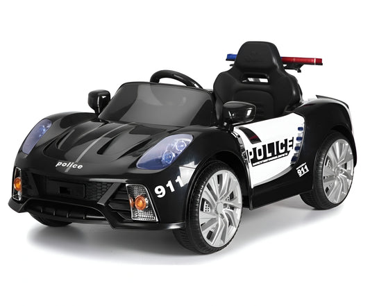 Front view of kids' 12V police car ride-on toy with headlights and 911 decals CH9919A