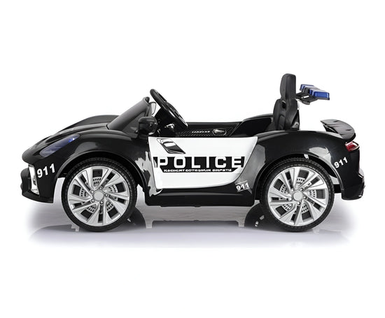 Side view of black electric ride-on police car with working siren and lights CH9919A