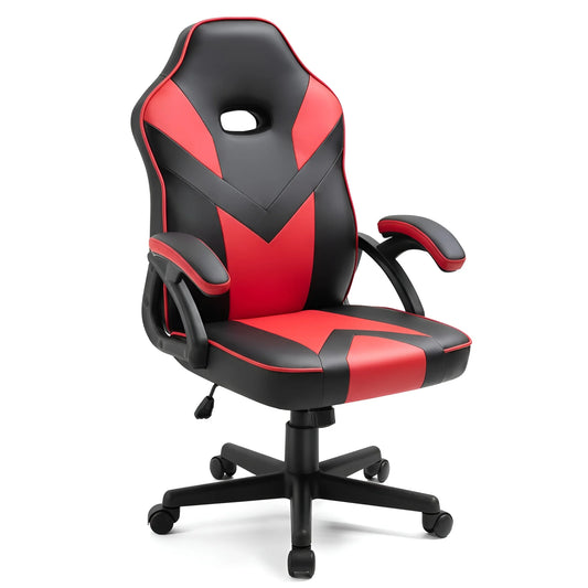 Frontal view of a black and red gaming chair UT-C555