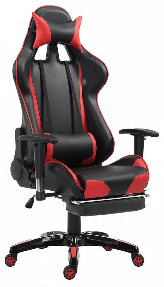Frontal view of a black and red ergonomic gaming chair with a footrest and support pillows UT-C580F