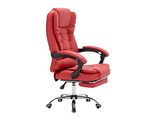 Frontal view of a red ergonomic office chair with a padded seat and footrest UT-C418