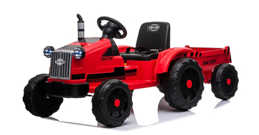 Red toy tractor with black seat on a white background