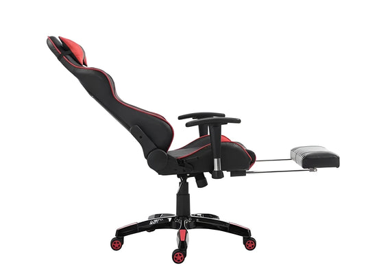 Side view of a black and red gaming chair with the backrest partially reclined and footrest extended UT-C580F