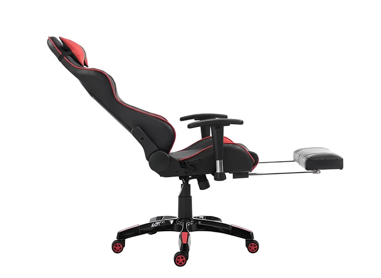 Side view of a black and red gaming chair with the backrest partially reclined and footrest extended UT-C580F