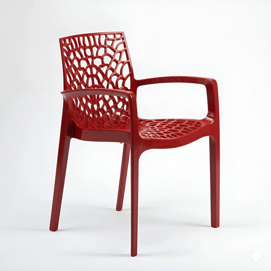 Frontal view of a red spiderweb plastic chair YH-675