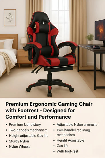 Red and black gaming chair with a footrest and a two-handle recline mechanism UT-B199
