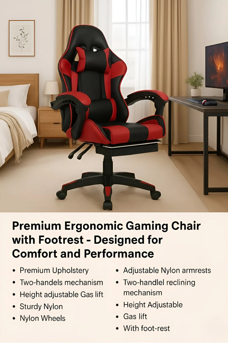 Red and black gaming chair with a footrest and a two-handle recline mechanism UT-B199