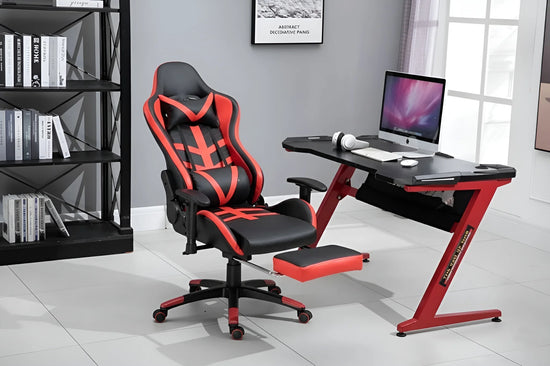 Gaming chair and desk setup in a room with a bookshelf and window.