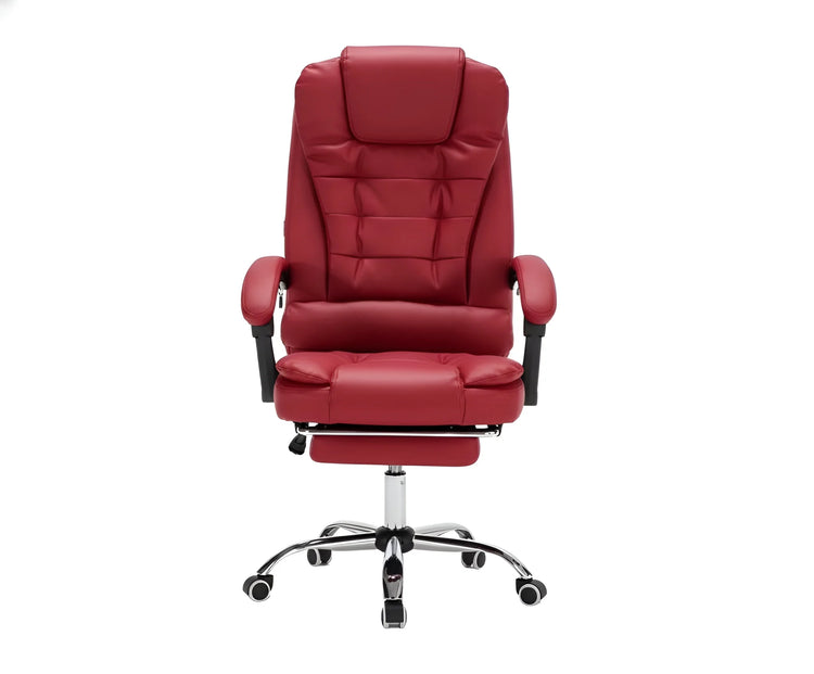 Angled view of a red office chair showing the padded armrests and footrest UT-C418