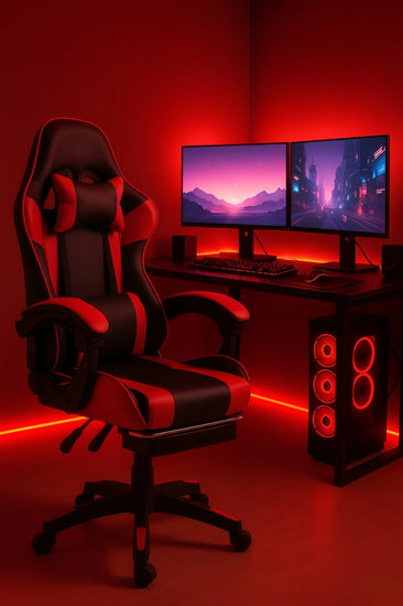 Gaming setup with a black and red chair, dual monitors, and speakers in a red-lit room.