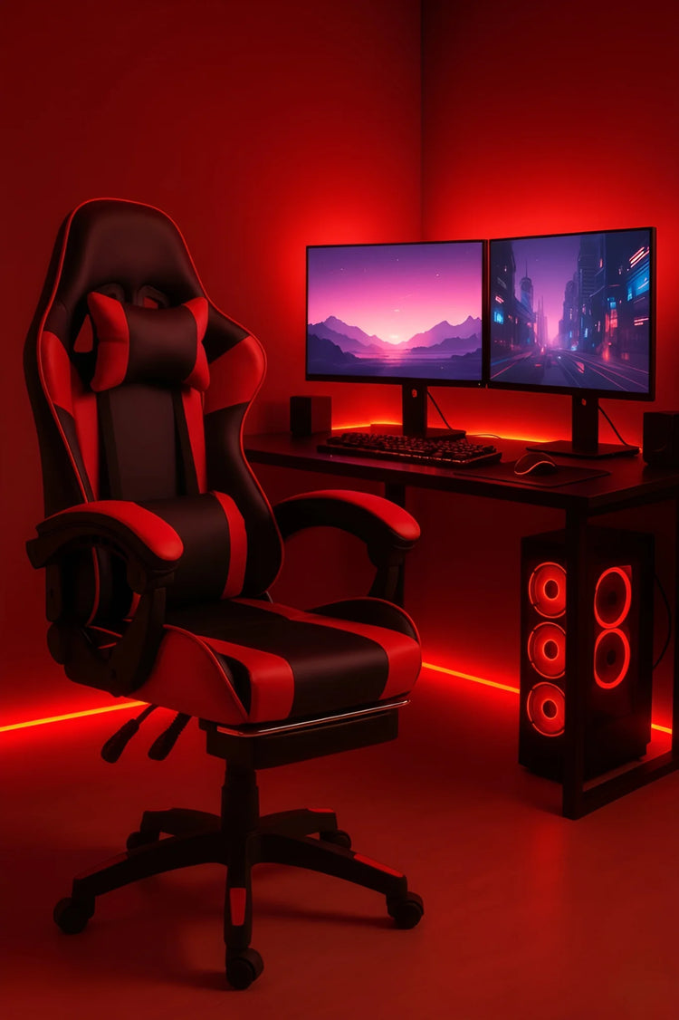 Gaming setup with a black and red chair, dual monitors, and speakers in a red-lit room.