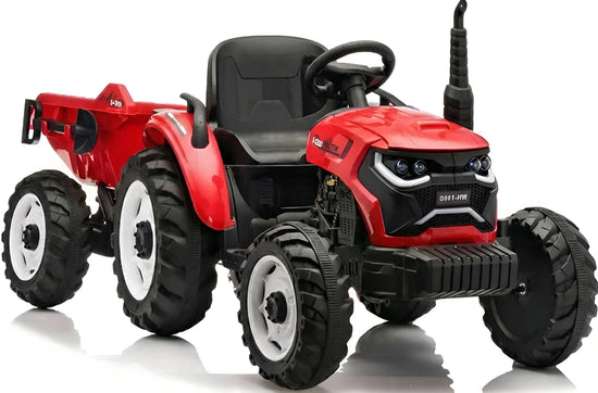 12V electric ride-on tractor for kids with detachable trailer and remote control, available in Red, Green, Yellow, and Blue - Model BBL-MB0068 A.