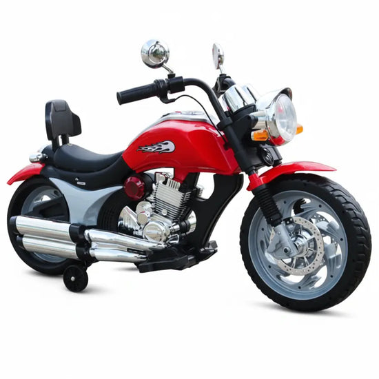 Red Kids' Ride-On Chopper (Y-MB121) with training wheels and a realistic sound system.