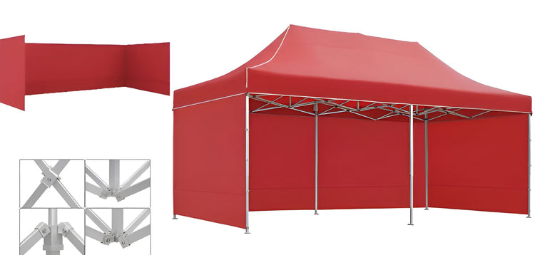 Red pop-up aluminum canopy tent Gazebo 3m x 6m with 3 Side Walls and metal frame. Outdoor Panels for Privacy on a white background