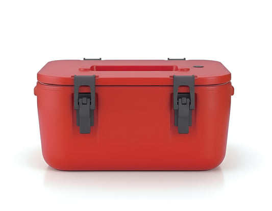 Frontal view of a red 8-litre heavy-duty insulated cooler bin with black latches and handle YS19022-102