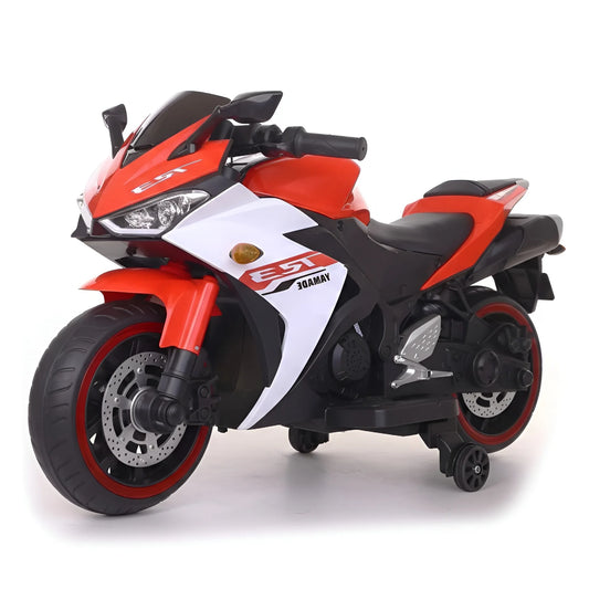 Red Kids' Electric Ride-On Bike (Y-MB150) with a 12V battery and built-in music.