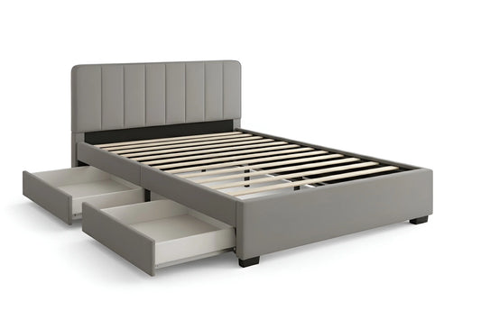 Silver upholstered bed frame with two under-bed storage drawers and a tufted headboard 4182-3D