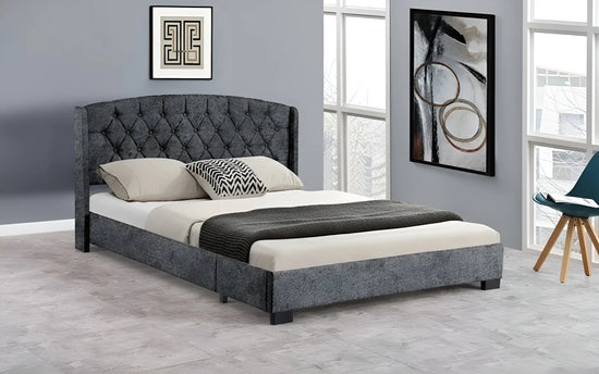 Silver chenille King bed frame with tufted an upholstered, button-tufted headboard (4022-3)