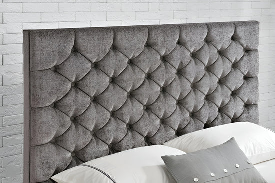 Silver chenille gas lift Super King bed frame with tufted button headboard (3207G)