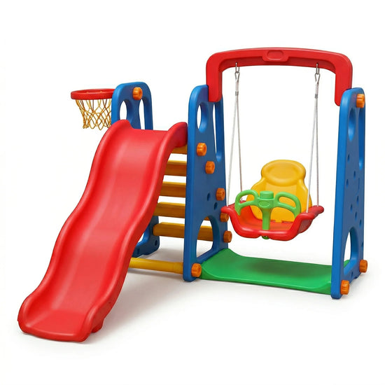 A colorful children's playground equipment set featuring a red slide, blue and red support frames, a small basketball hoop, wooden stairs, a green platform, and a red-and-yellow swing seat.