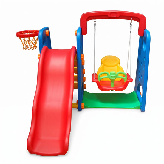 A children's outdoor playset with a red slide, blue support frames, a red and yellow swing seat, a green floor mat, and an orange basketball hoop on a white background.