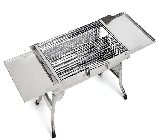 Small stainless steel charcoal BBQ grill in a folded position 1068