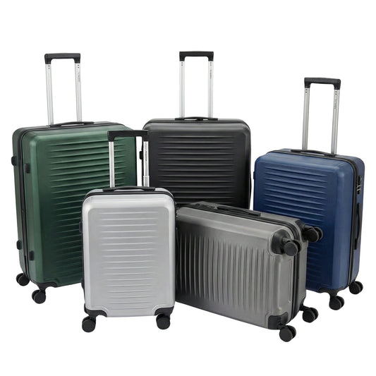 Group of L-08-3 hardshell suitcases in green, black, blue, silver, and grey featuring horizontal ridge design and spinner wheels.