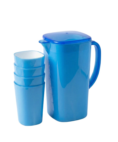 Blue square rigid plastic 1.5 litre water jug with volume markings and four stacked cups with white interiors, product code DD4844.