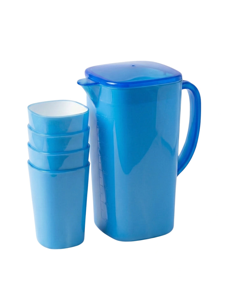 Blue square rigid plastic 1.5 litre water jug with volume markings and four stacked cups with white interiors, product code DD4844.
