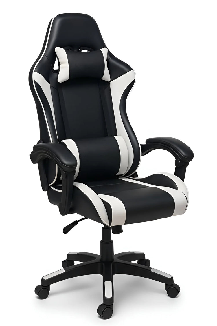Ergonomic black and white gaming chair with footrest in an office setup UT-B199