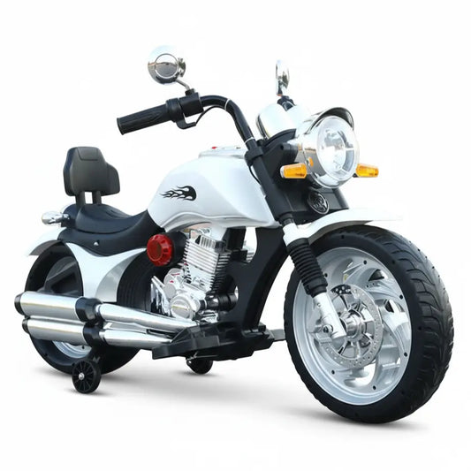 White Kids' Ride-On Bike (Y-MB121) with an MP3 port and removable training wheels.