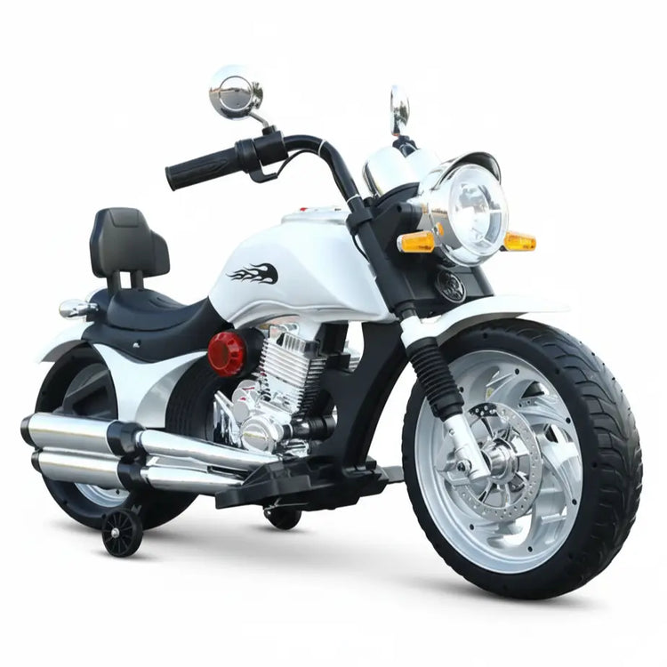 White Kids' Ride-On Bike (Y-MB121) with an MP3 port and removable training wheels.