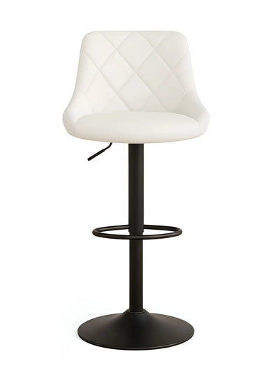 White quilted bar stool with black base on a white background