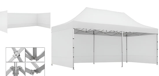 White pop-up aluminum canopy tent Gazebo 3m x 6m with 3 Side Walls and metal frame. Outdoor Panels for Privacy on a white background