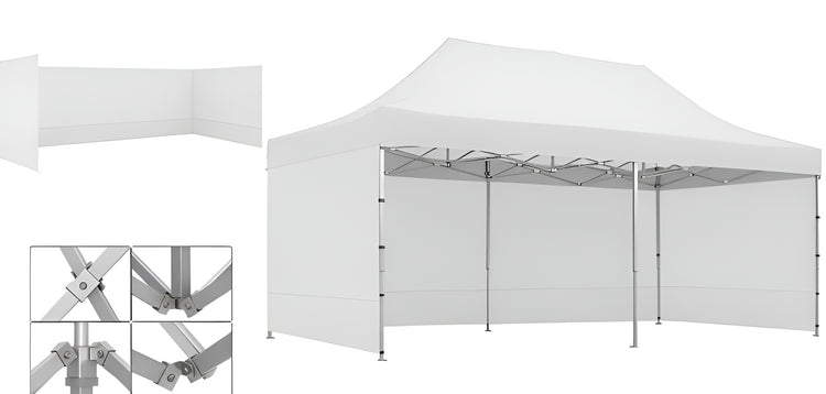 White pop-up aluminum canopy tent Gazebo 3m x 6m with 3 Side Walls and metal frame. Outdoor Panels for Privacy on a white background