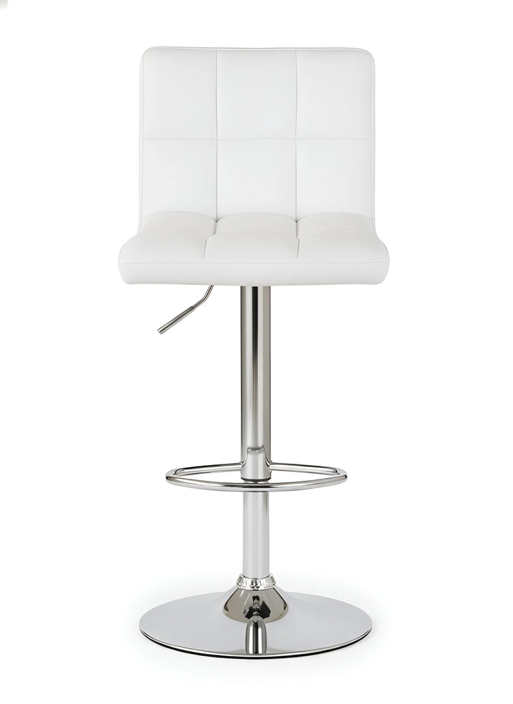 White bar stool with a chrome base on a white background